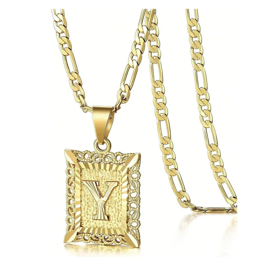 Initial Necklace Square Letter Pendant Necklace Capital Monogram Necklace Alhpabets From A-Z Figaro Chain Necklace