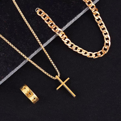 3pcs Set Men's Stainless Steel Metal Cross Pendant Chain Necklace Bracelet Ring Jewelry Set Male Hip Hop Daily Wear Accessories