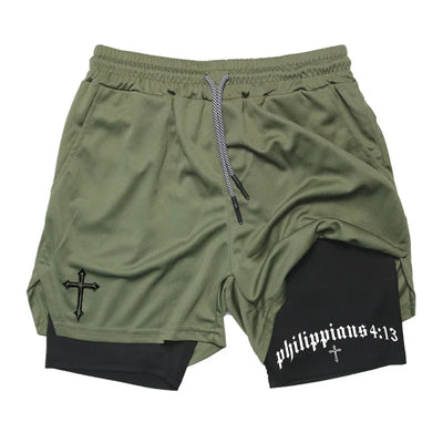 Men's BiBible patterned two-in-one sports shorts Christian fitness training mobile phone pocket running