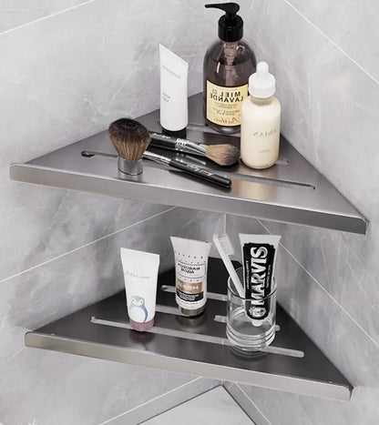 Bathroom Stainless Triangle Drain Shelf No Drilling Wall Mounted Cosmetic and Toiletries Carbon Steel Shelf with Hooks Holder