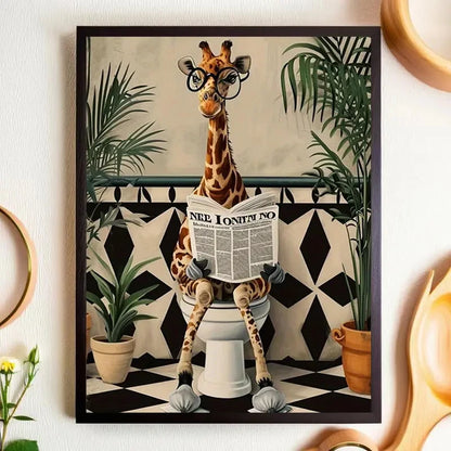 Giraffe Reading Newspaper Wall Art Prints Canvas Painting Poster Picture For Living Dining Play Room Home Decor