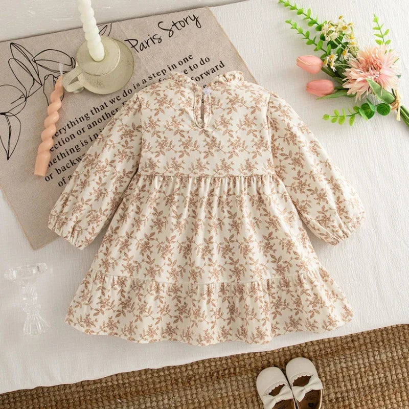 2025 Autumn Spring Newborn Baby Girl Princess Dress Fake Two Piece Long Sleeve Dress with Bow Floral Pattern For 1-3Y