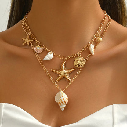 MHS.SUN Summer Shell Starfish Conch Pendant Necklace for Women Bohemian Metal Gold Color Chic Beach Jewelry Vacation Party Gift