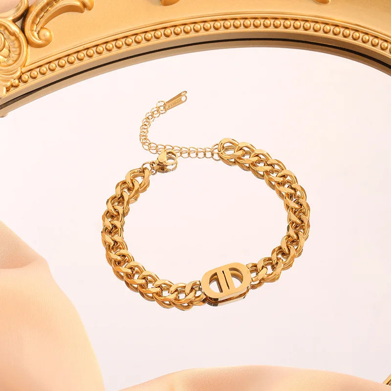 1 Stylish Double D Chain Stainless Steel Necklace and Bracelet Set, Unisex Style, High-end Elegant Party Celebration Accessories