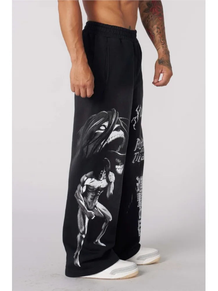 Young American trendy sweatpants collaboration anime joggers, cotton terry print, wide-leg casual pants, hip-hop street pants