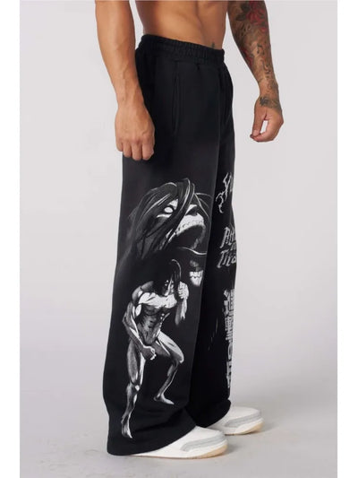 Young American trendy sweatpants collaboration anime joggers, cotton terry print, wide-leg casual pants, hip-hop street pants