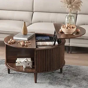 Round Coffee Table with Storage, Fluted Lift Top Coffee Table for Living Room, 31.5 Mid Century Modern Center Table with Sliding