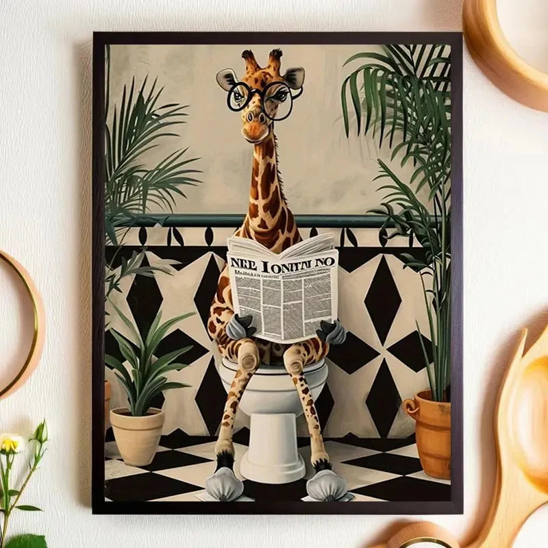 Giraffe Reading Newspaper Wall Art Prints Canvas Painting Poster Picture For Living Dining Play Room Home Decor