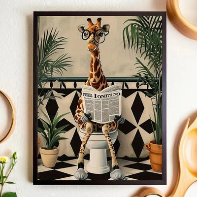 Giraffe Reading Newspaper Wall Art Prints Canvas Painting Poster Picture For Living Dining Play Room Home Decor
