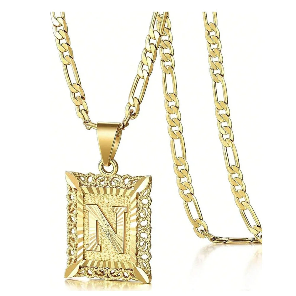 Initial Necklace Square Letter Pendant Necklace Capital Monogram Necklace Alhpabets From A-Z Figaro Chain Necklace