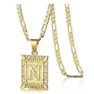 Initial Necklace Square Letter Pendant Necklace Capital Monogram Necklace Alhpabets From A-Z Figaro Chain Necklace