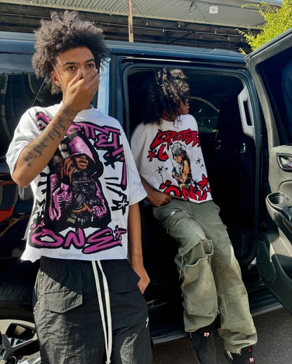 Y2K High Street Hip-hop Personalized Printed Loose Fashion T-shirt Men  American Harajuku Retro Casual Versatile Tops Women