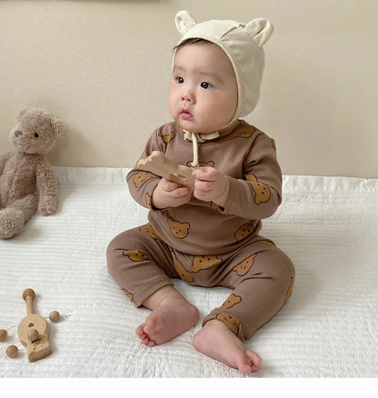 0-3Y High Waist Unisex Baby Pajama Suit Toddler Boys Cute Bear Sleep Wear Infant Pajama Girls Cartoon Print Night Wear