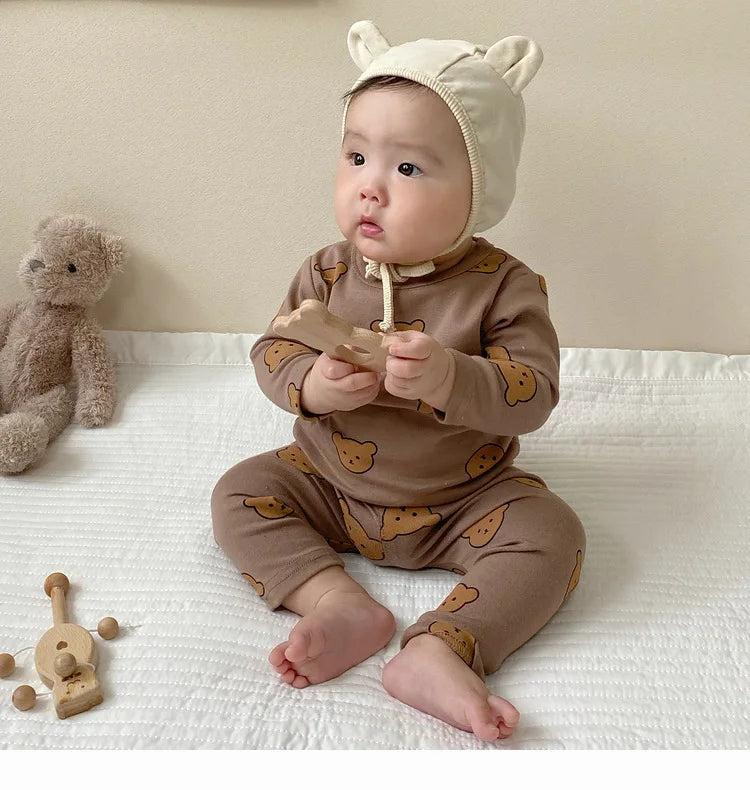 0-3Y High Waist Unisex Baby Pajama Suit Toddler Boys Cute Bear Sleep Wear Infant Pajama Girls Cartoon Print Night Wear