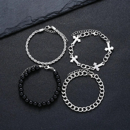 4 Pcs Stainless Steel Bracelet Set For Men Women Punk Fashion Cross Beads Chain Bracelets Simple Hip Hop Unisex Jewelry Gift New