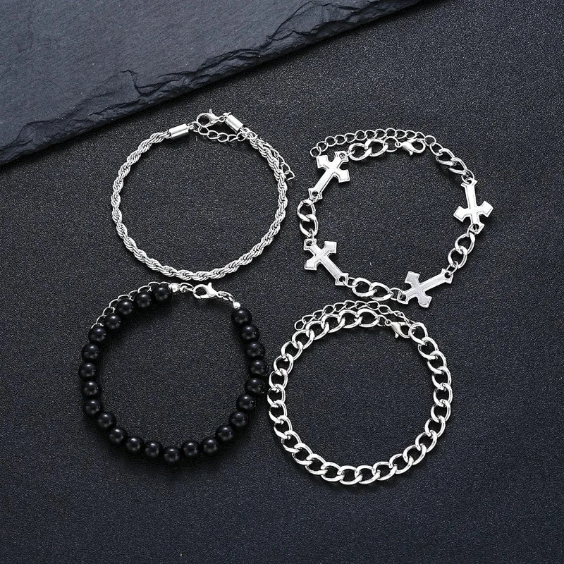 4 Pcs Stainless Steel Bracelet Set For Men Women Punk Fashion Cross Beads Chain Bracelets Simple Hip Hop Unisex Jewelry Gift New