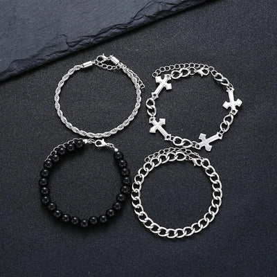 4 Pcs Stainless Steel Bracelet Set For Men Women Punk Fashion Cross Beads Chain Bracelets Simple Hip Hop Unisex Jewelry Gift New