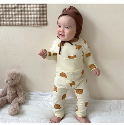 0-3Y High Waist Unisex Baby Pajama Suit Toddler Boys Cute Bear Sleep Wear Infant Pajama Girls Cartoon Print Night Wear