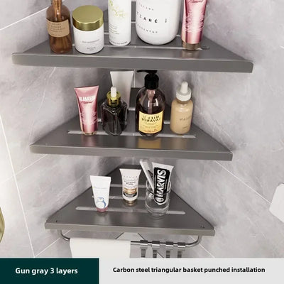 Bathroom Stainless Triangle Drain Shelf No Drilling Wall Mounted Cosmetic and Toiletries Carbon Steel Shelf with Hooks Holder