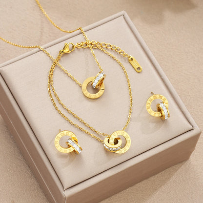 4Pcs/Set Gold Color Stainless Steel Crystal Necklace Bracelet Earrings for Women Interlocking Circles Roman Numbers Jewelry Sets