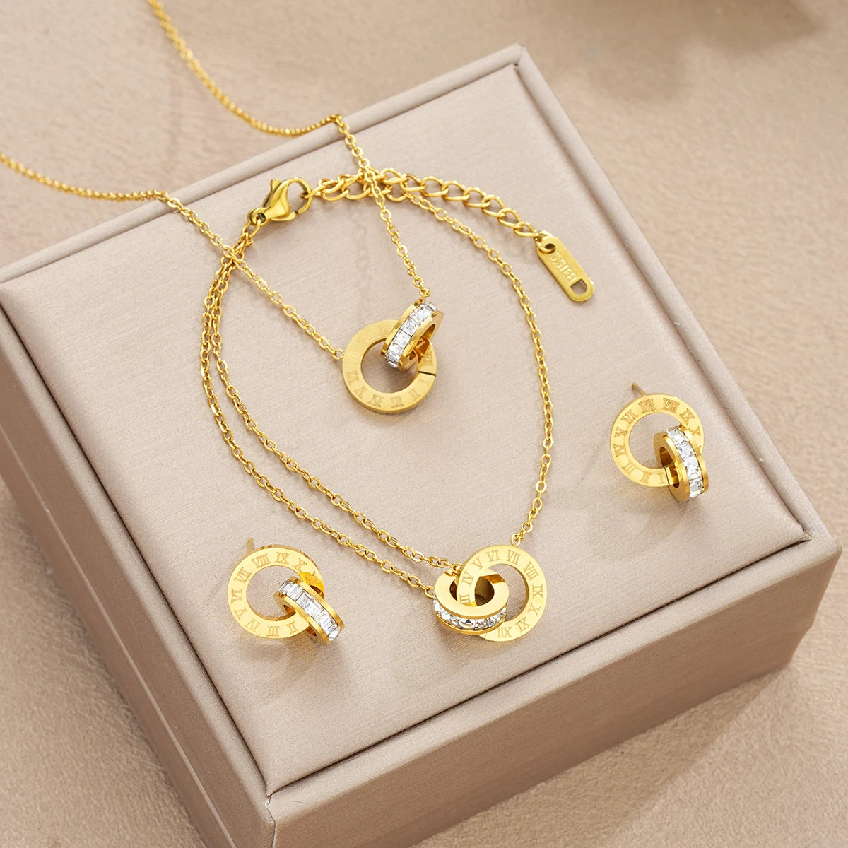 4Pcs/Set Gold Color Stainless Steel Crystal Necklace Bracelet Earrings for Women Interlocking Circles Roman Numbers Jewelry Sets