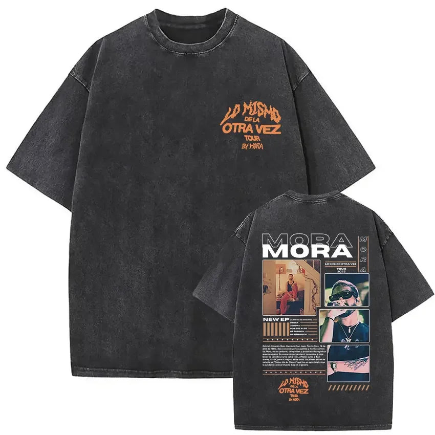 Limited Rapper Mora Washed Vintage T-shirt Lo Mismo De La Otra Vez Tour 2025 T Shirts Men Women Hip Hop Fashion Pop Music Tshirt