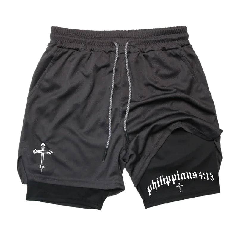 Men's BiBible patterned two-in-one sports shorts Christian fitness training mobile phone pocket running