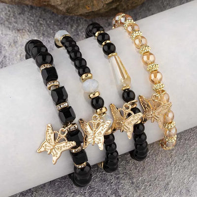 4Pcs Trendy Butterfly Beaded Bracelet Set For Women Pink Acrylic Beads Elastic Chain Bangle Female Bohemian Party Jewelry Gift