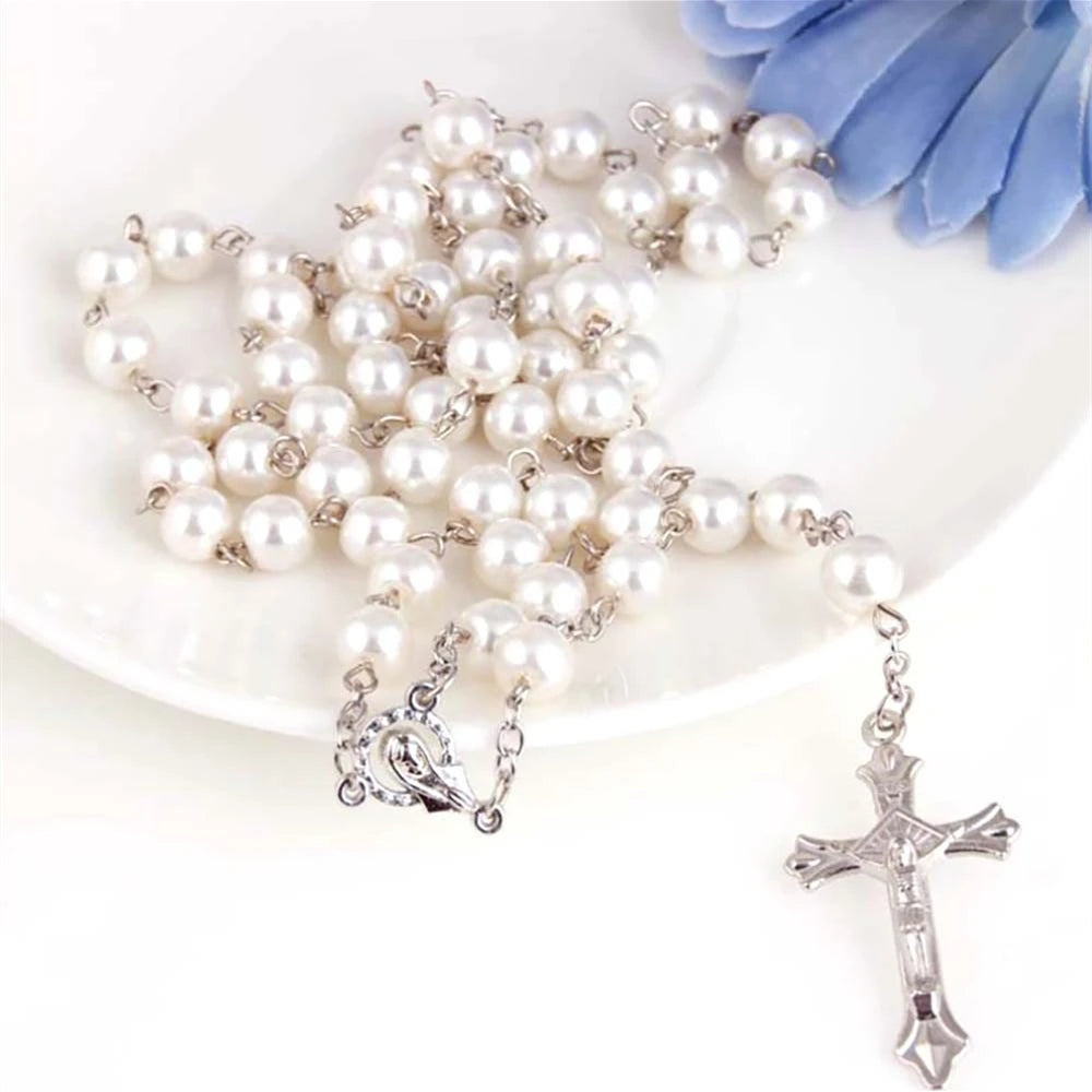 1pcs Handmade Necklace Ladies Imitation Vintage Style Pearl Rosary Beads With Cross Pendant Jewelry