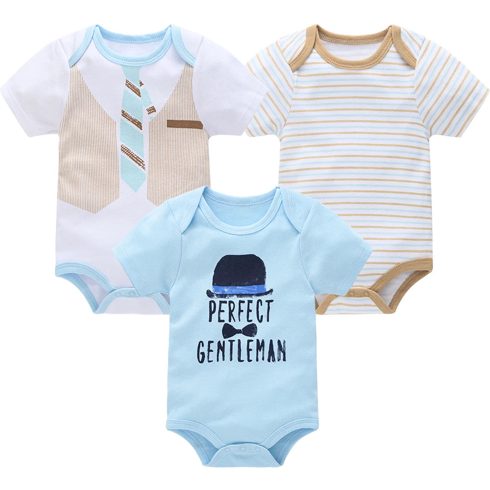 3 Pcs/set New Baby Boy Clothes Summer 100%Cotton Blue Grey Tie Print Three Piece Short Sleeve Bodysuit vetements bebe For 0-12M