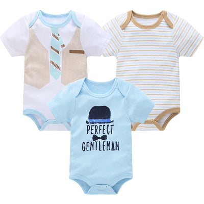 3 Pcs/set New Baby Boy Clothes Summer 100%Cotton Blue Grey Tie Print Three Piece Short Sleeve Bodysuit vetements bebe For 0-12M