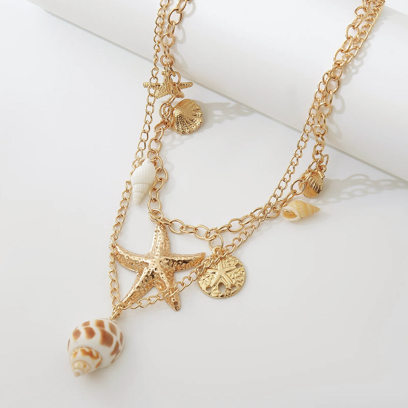 MHS.SUN Summer Shell Starfish Conch Pendant Necklace for Women Bohemian Metal Gold Color Chic Beach Jewelry Vacation Party Gift