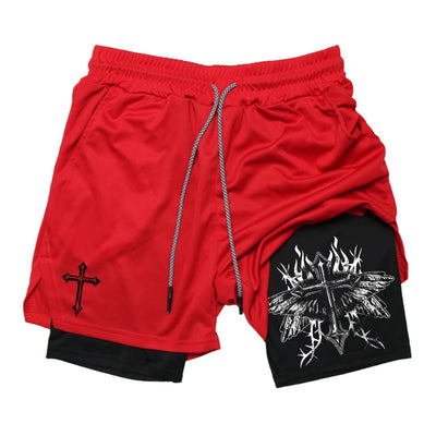 Graphic 2 in 1 Workout Running Shorts for Men Christian Athletic Performance Shorts with Phone Pocket Towel Loop Gym Outfits