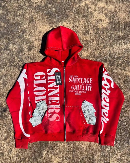 Casual Fashion Harajuku Letter Print Oversized Zipper Hoodie Men Y2K 2025 New American Hip-hop Rock Retro Loose Sweatshirt Women