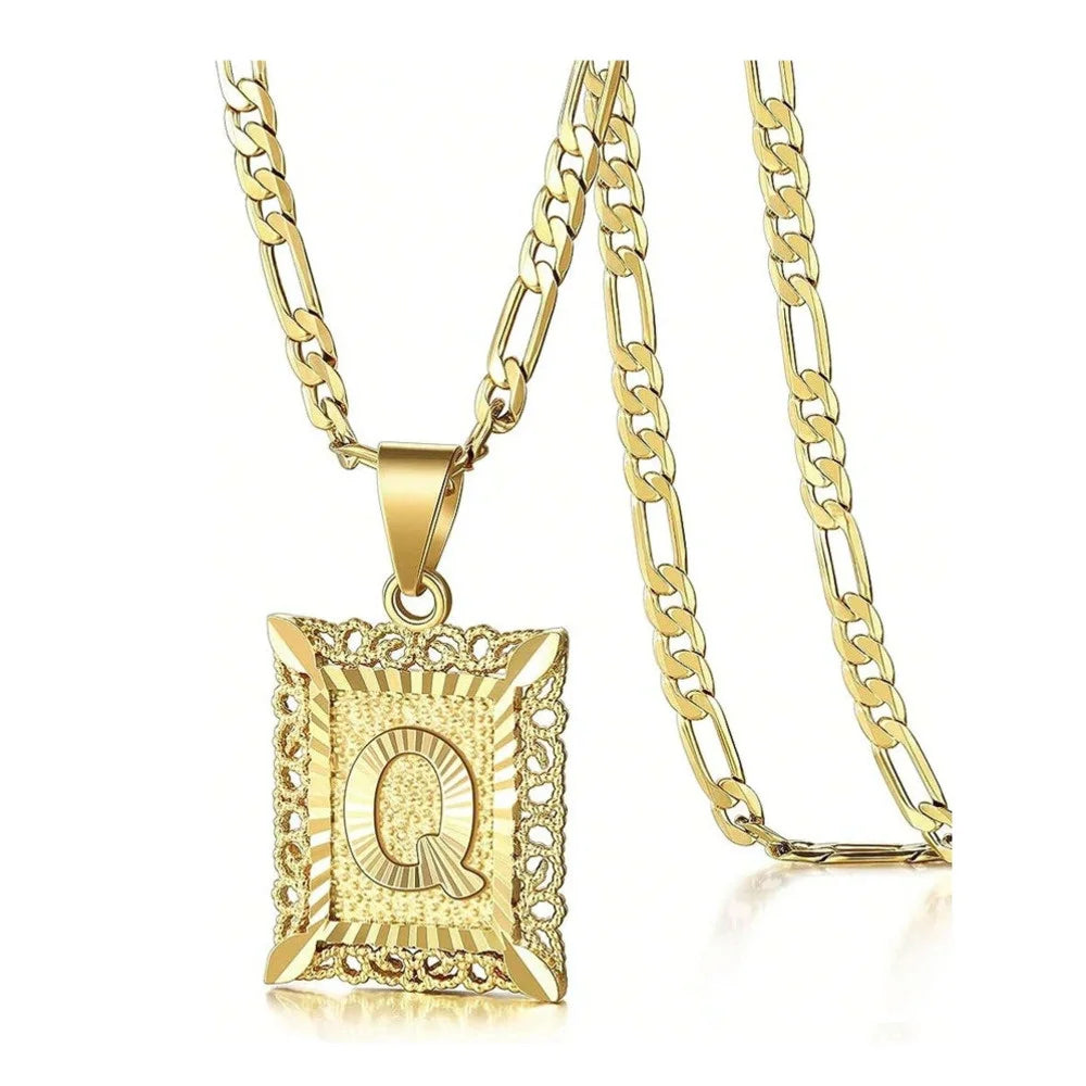 Initial Necklace Square Letter Pendant Necklace Capital Monogram Necklace Alhpabets From A-Z Figaro Chain Necklace