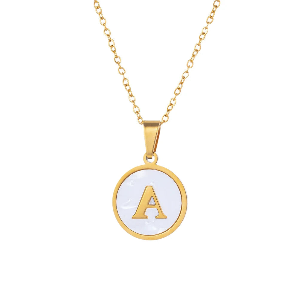 MHS.SUN Round Gold Color Initial Letter Necklace Shell Circle Pendant Necklaces For Women Men Stainless Steel Chain Jewelry Gift