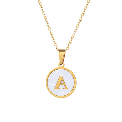 MHS.SUN Round Gold Color Initial Letter Necklace Shell Circle Pendant Necklaces For Women Men Stainless Steel Chain Jewelry Gift
