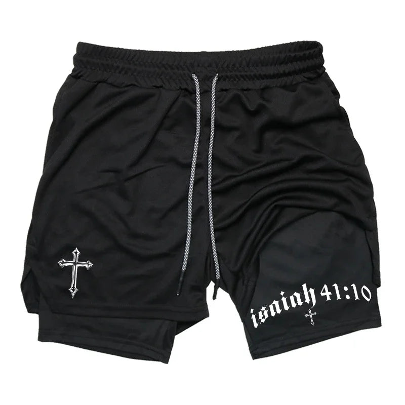 Men's BiBible patterned two-in-one sports shorts Christian fitness training mobile phone pocket running