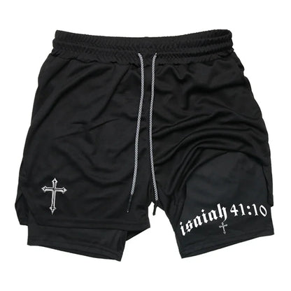 Men's BiBible patterned two-in-one sports shorts Christian fitness training mobile phone pocket running