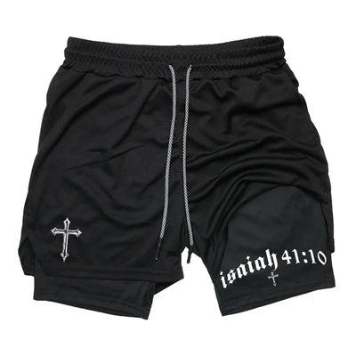Men's BiBible patterned two-in-one sports shorts Christian fitness training mobile phone pocket running