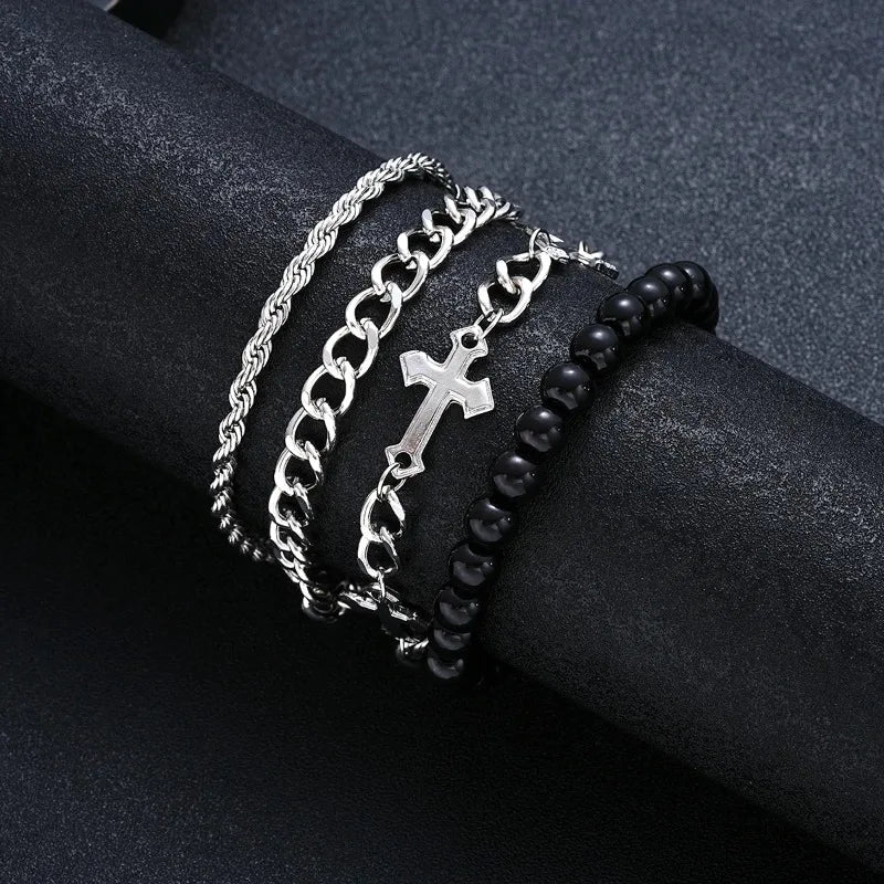 4 Pcs Stainless Steel Bracelet Set For Men Women Punk Fashion Cross Beads Chain Bracelets Simple Hip Hop Unisex Jewelry Gift New