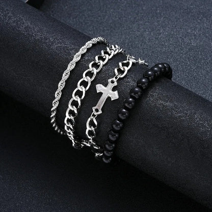 4 Pcs Stainless Steel Bracelet Set For Men Women Punk Fashion Cross Beads Chain Bracelets Simple Hip Hop Unisex Jewelry Gift New