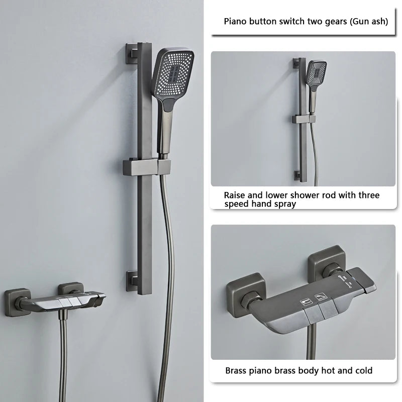Modern Shower System Full Set Grey 2 Way Piano Keys Bathroom Shower Set Wall Mounted Brass Bathtub Digital Display Shower Faucet