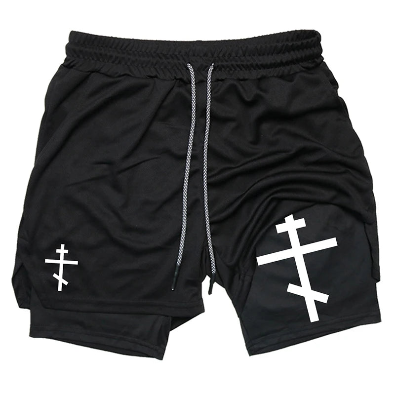 Print 2 in 1 Running Workout Shorts for Men Christian Gym Athletic Performance Shorts with Phone Pocket Towel Loop Activewear