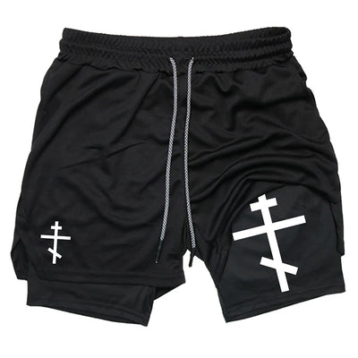 Print 2 in 1 Running Workout Shorts for Men Christian Gym Athletic Performance Shorts with Phone Pocket Towel Loop Activewear