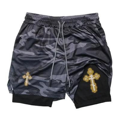 Cross Graphic 2in1 Fitness Gym Performance Shorts Men Christian Sport Quick Dry Breathable Workout Running Shorts with Pocket