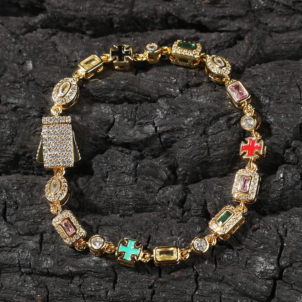 6mm Multicolor Gemstone Tennis Chain Bracelet for Women Men Iced Out Round/Square CZ Enameled Cross Bracelet Fashion Jewelry
