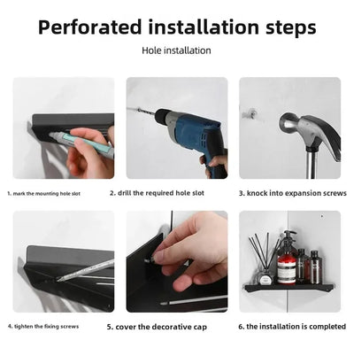 Bathroom Stainless Triangle Drain Shelf No Drilling Wall Mounted Cosmetic and Toiletries Carbon Steel Shelf with Hooks Holder