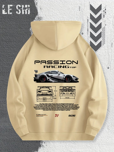 Men'S Passionate Racing Graphic Hoodie Featuring Race Cars and Sports Car Illustrations, Perfect for Everyday Wear