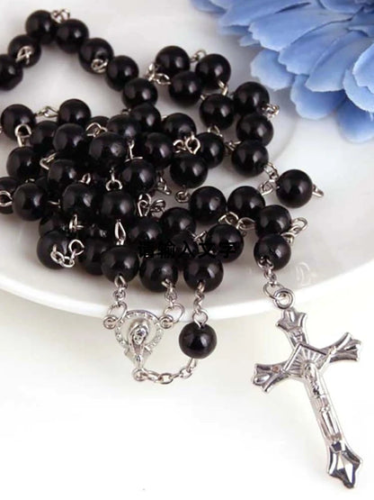 1pcs Handmade Necklace Ladies Imitation Vintage Style Pearl Rosary Beads With Cross Pendant Jewelry